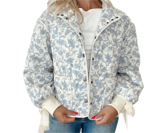 Floral Quilted Jacket With Bow Tie